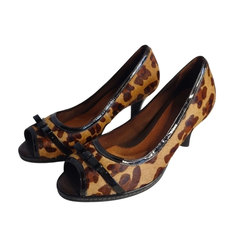 Nurture Women's Leather Calf fur Leopard Peep Toe Pumps Heels Shoes Sz 7.5M